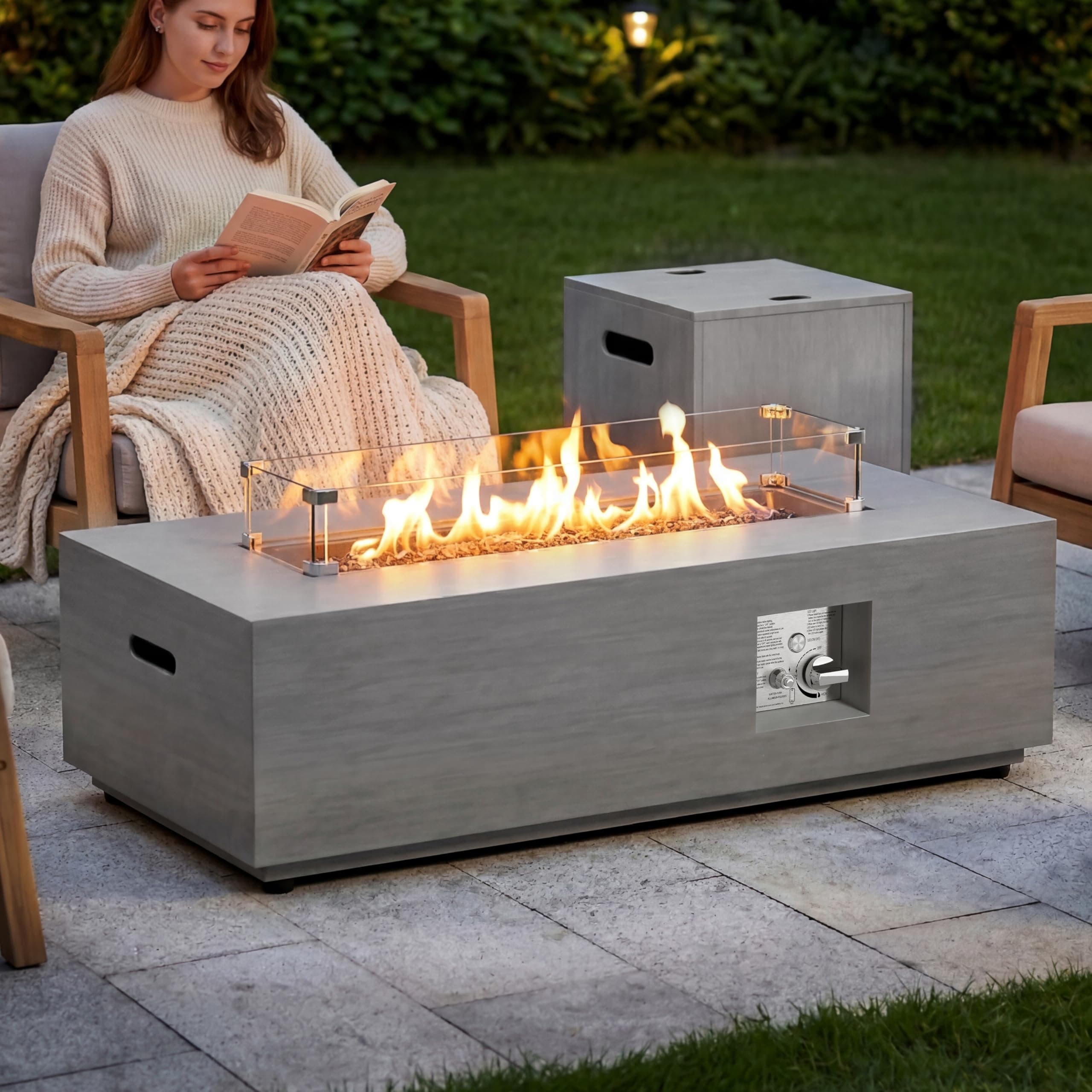42" Rectangular Propane Fire Pit table, 50,000 BTU Fireplace Table with Wind Guard Glass, Lid, Rocks and Cover, Outdoor Fire Pit for Deck or Patio, Fogata para Patio (Light Grey, 42" Standard)