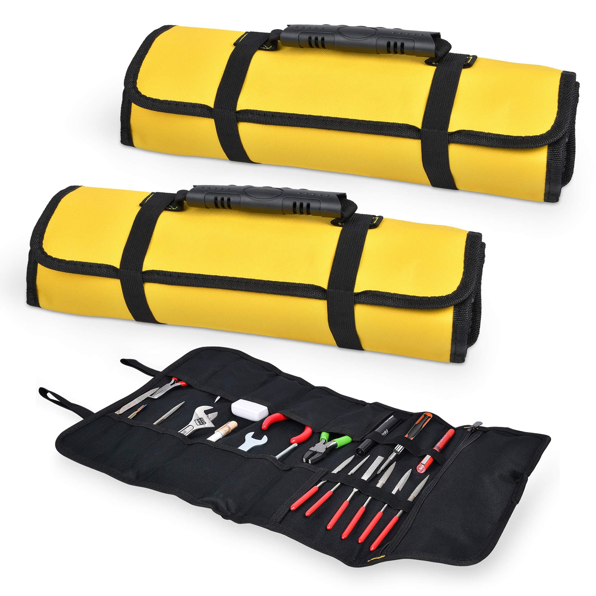 2 Pack Canvas Roll Up Tool Bag, Multi-Purpose Tool Pouch with Zipped Compartments Heavy Duty Hanging Tool Organizer for Wrench Screwdriver Tool Storage
