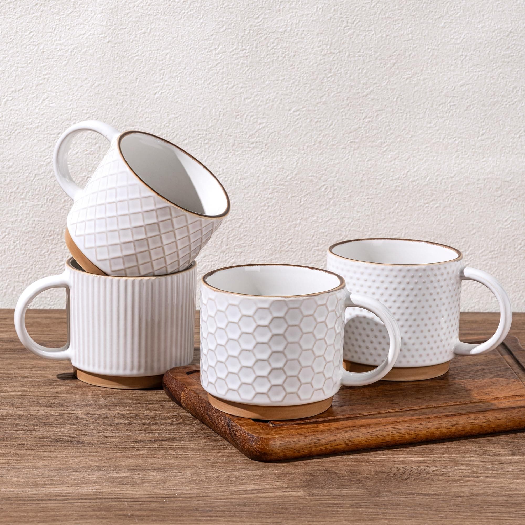 GBhome 15OZ Stackable Coffee Mugs, Ceramic Coffee Mugs with Texture Patterns for Man,Woman,Dad,Mom, Modern Coffee Mugs Set of 4 for Latte/Cappuccino/Cocoa. Dishwasher&Microwave Safe, Off White | for Man, Woman, Dad, Mom