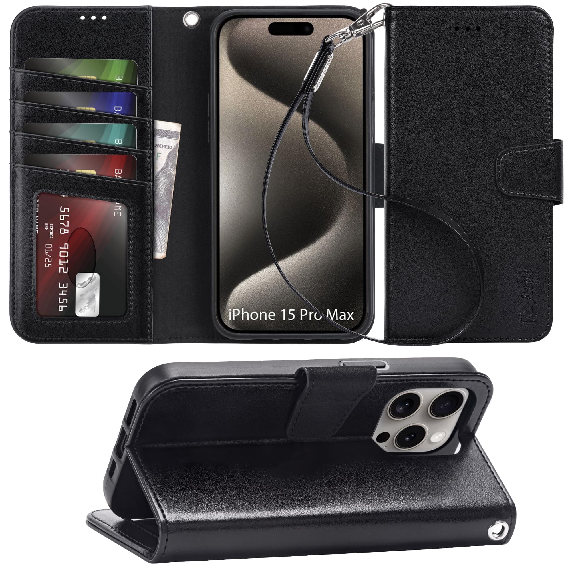 Arae Compatible with iPhone 15 Pro Max Case with Card Holder and Wrist Strap Wallet Flip Cover for iPhone 15 Pro Max 6.7 inch,Black