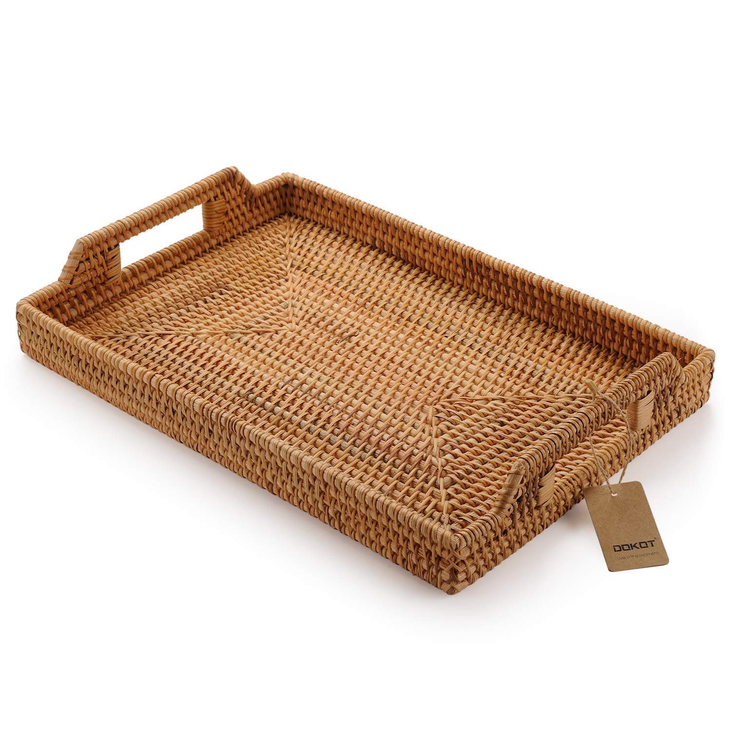 Hand-woven Rattan Rectangular Serving Tray with Handles for Breakfast, Drinks, Snack for Coffee Table (Natural, 37x26x3.5cm)