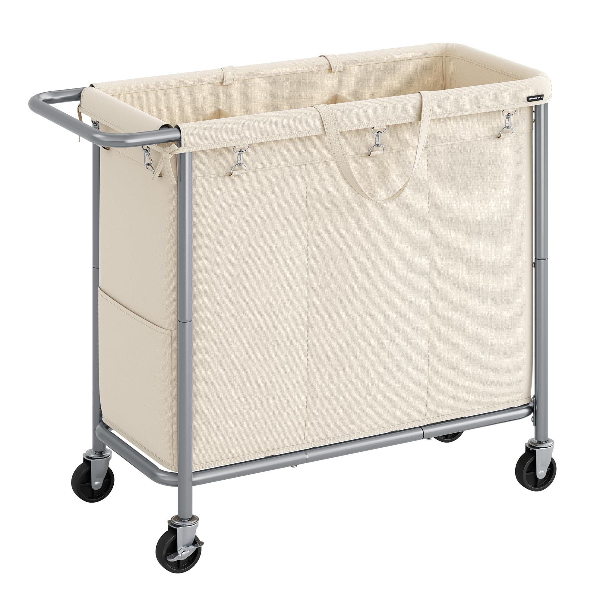 SONGMICS Laundry Basket with Wheels, 3-Section Rolling Laundry Hamper, 52.8 Gallons (200 L), Removable Liner, Steel Frame with Handle, 35.8 x 15.4 x 31.9 Inches, Cream White URLS005W01