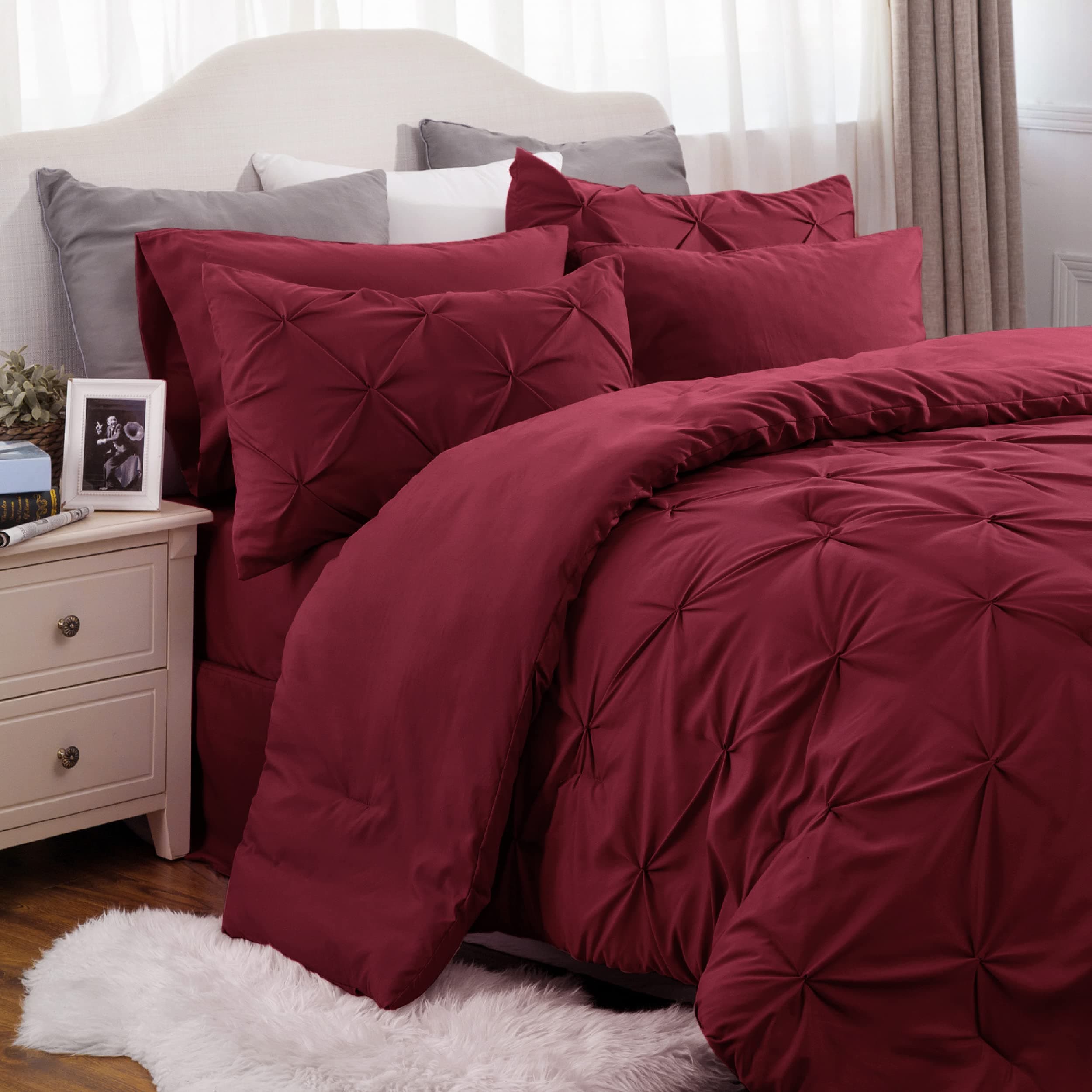 Bedsure Full Size Comforter Sets Red - Bedding Sets Full 7 Pieces, Pintuck Bed in a Bag Burgundy Bed Set with Comforter, Sheets, Pillowcases & Shams
