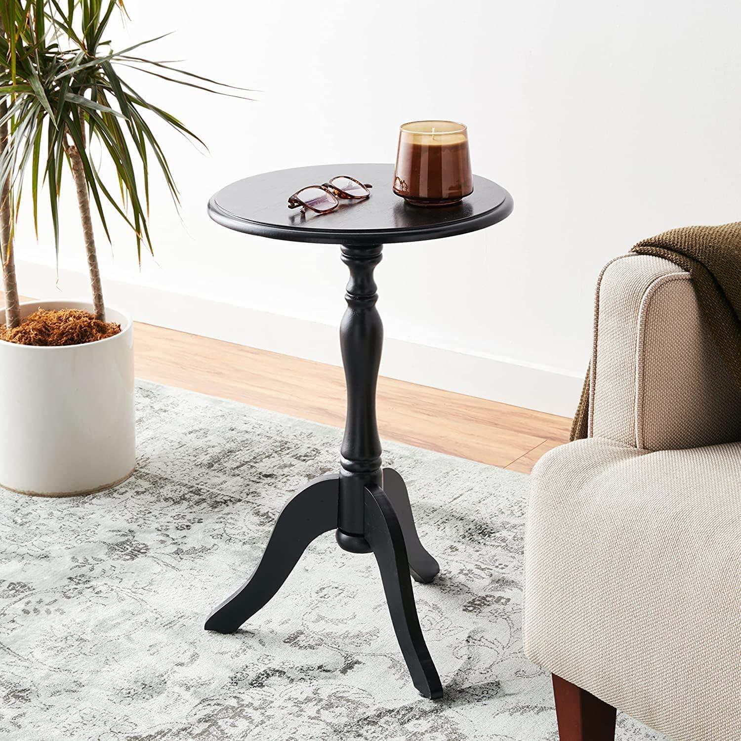 Side Table Oak Tray Small Round End Table, Rustic Side Table, Solid Wood Mini Side Table, Pedestal Tables/Flower Stand (Black)