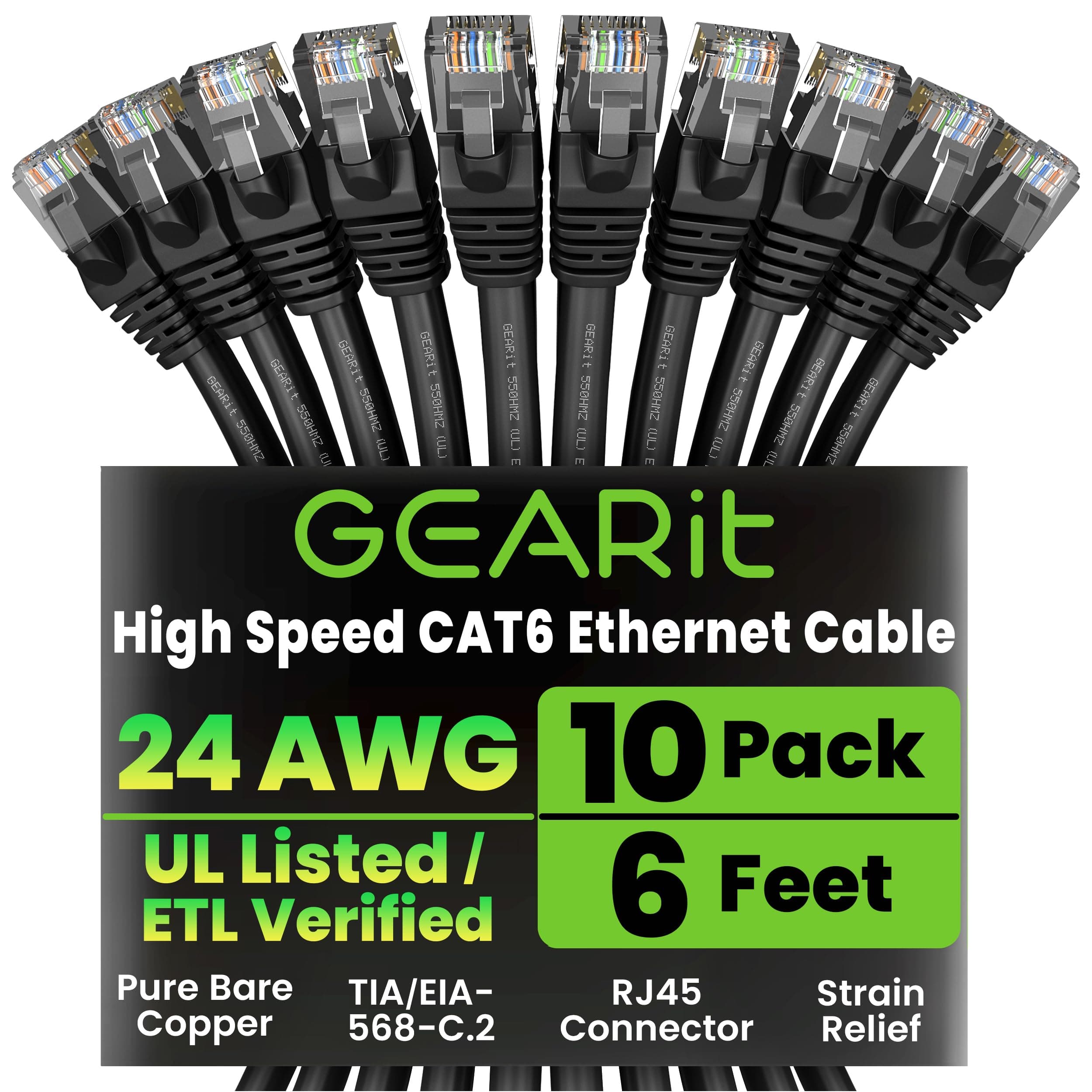 GEARIT Cat 6 Ethernet Patch Cable 6ft Black (10 Pack) — Cat 6 Patch Cables / Ethernet Patch Cable, 10Gbps 550MHz 24AWG Pure Copper, Snagless, Gold Plated RJ45 for Router, Server, Router, PC