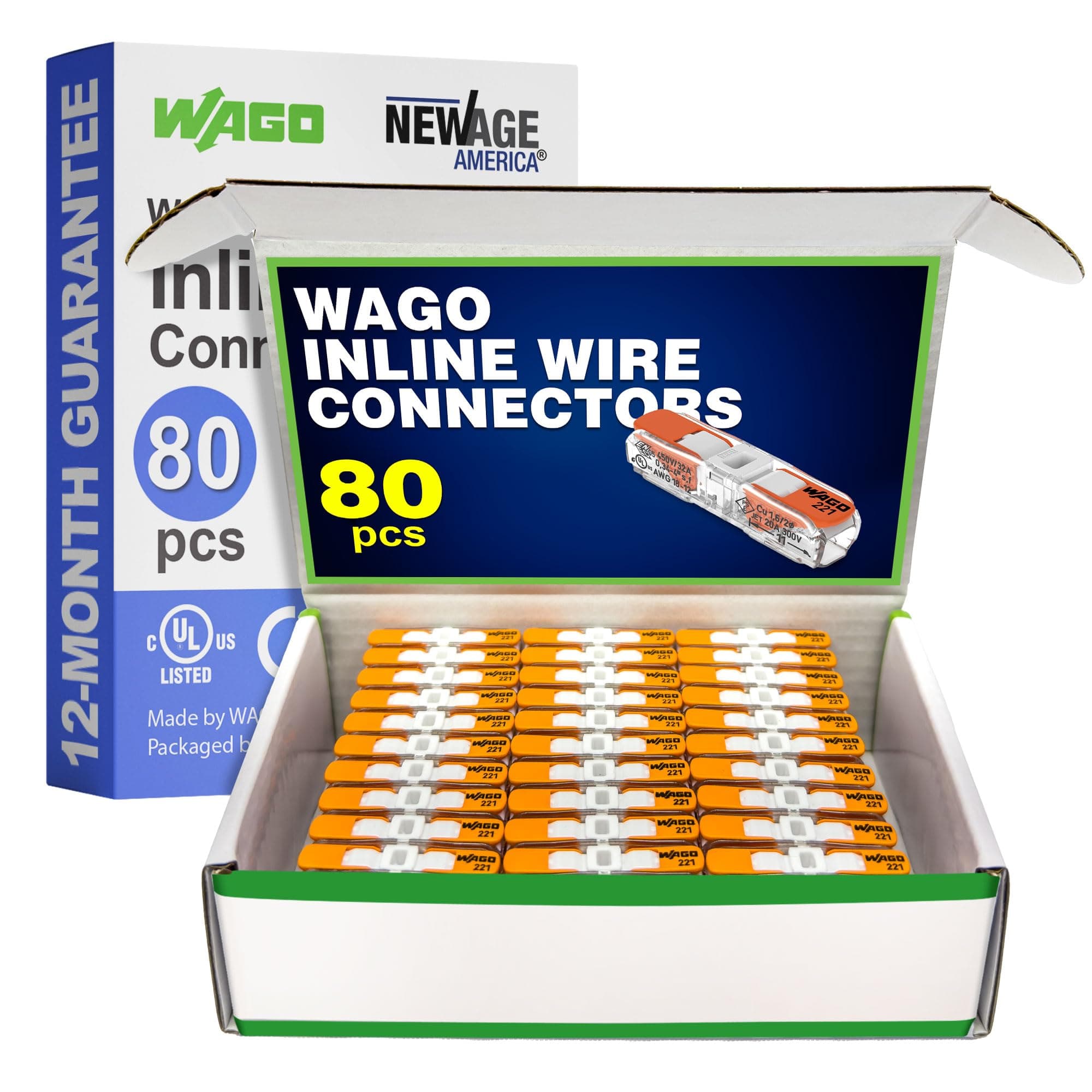 WAGO 221-2401 80pc Inline Compact Splicing Wire Connectors | Includes 80pc 221-2401 (2 Conductor) | WAGO Wire Connectors | 221 Straight Inline Splice | Straight Electrical Lever Nuts | (2-Port)