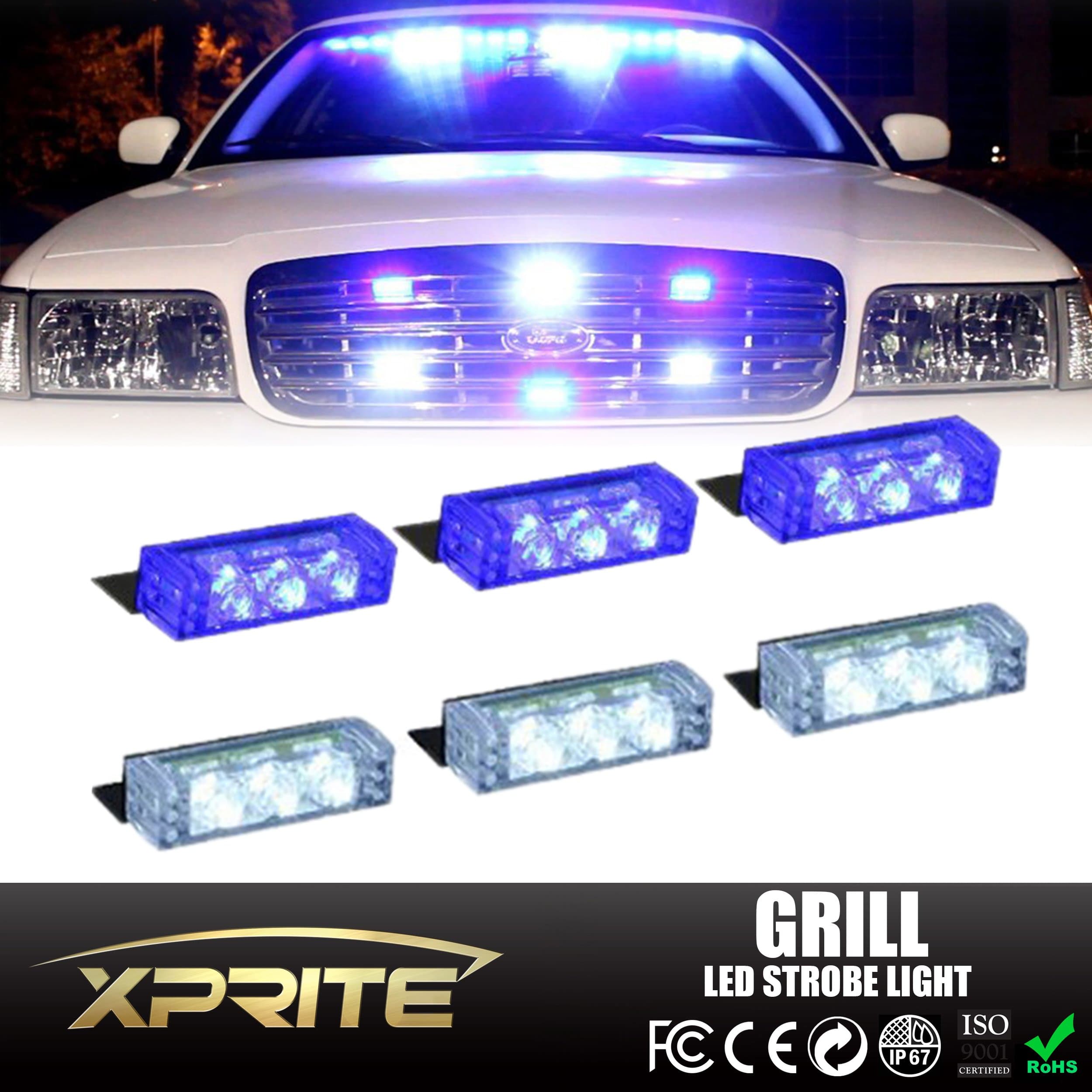 Xprite 18 LED Emergency Vehicle Strobe Warning Lights/Lightbars For Deck Dash Grill Windshield Headliner (White & Blue)
