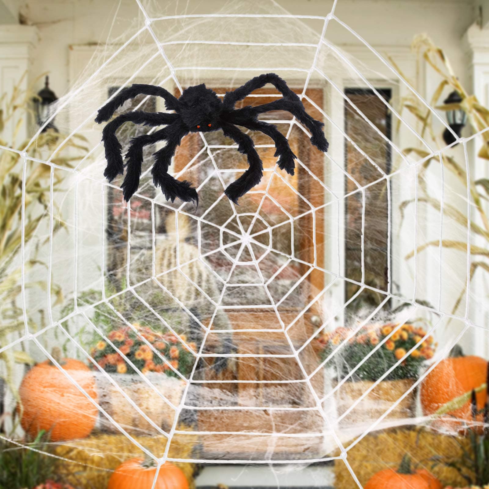 Halloween Decorations - 12 FT Giant Round Spider Web and Fake Large Hairy Spider Props Scary Halloween Yard Door & Outdoor Decor with Super Stretch Cobweb Decorations Party Favors