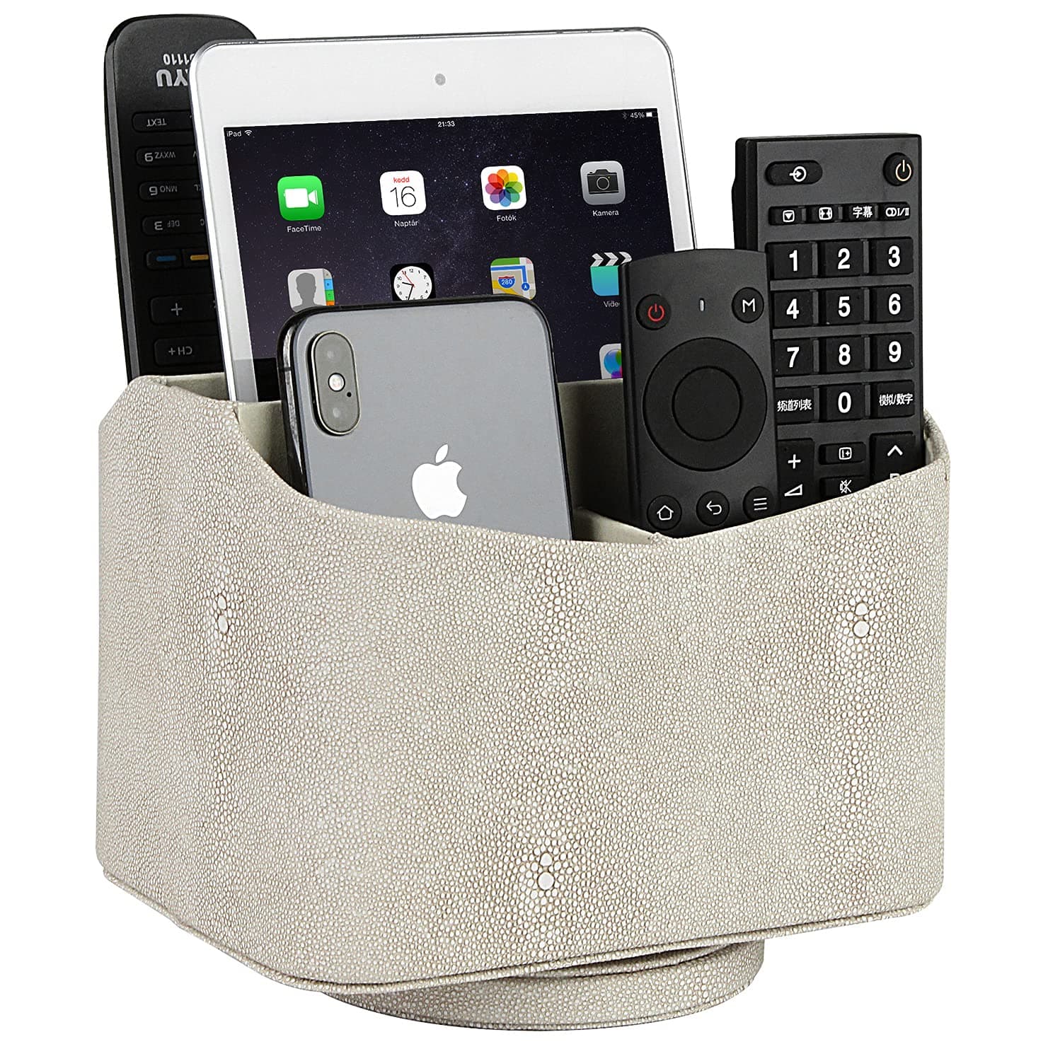 HofferRuffer Spinning Remote Control Holder, Remote Caddy, Spinning Remote Control Organizer, PU Leather (Light Grey Shagreen)