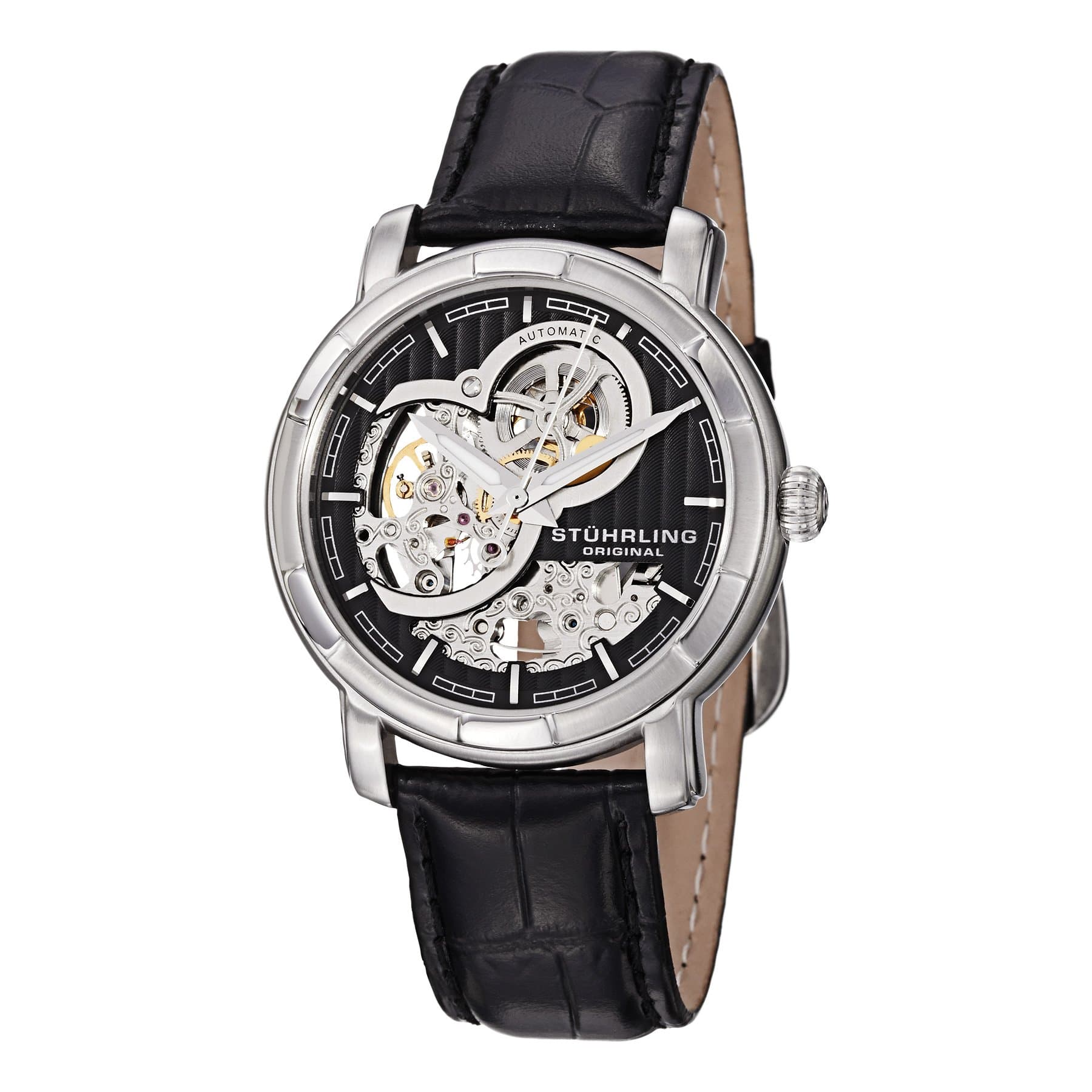 Delphi Dauphin 169 Automatic 40mm Skeleton Black Dial / Silver Case / Black Leather Strap Tang Buckle