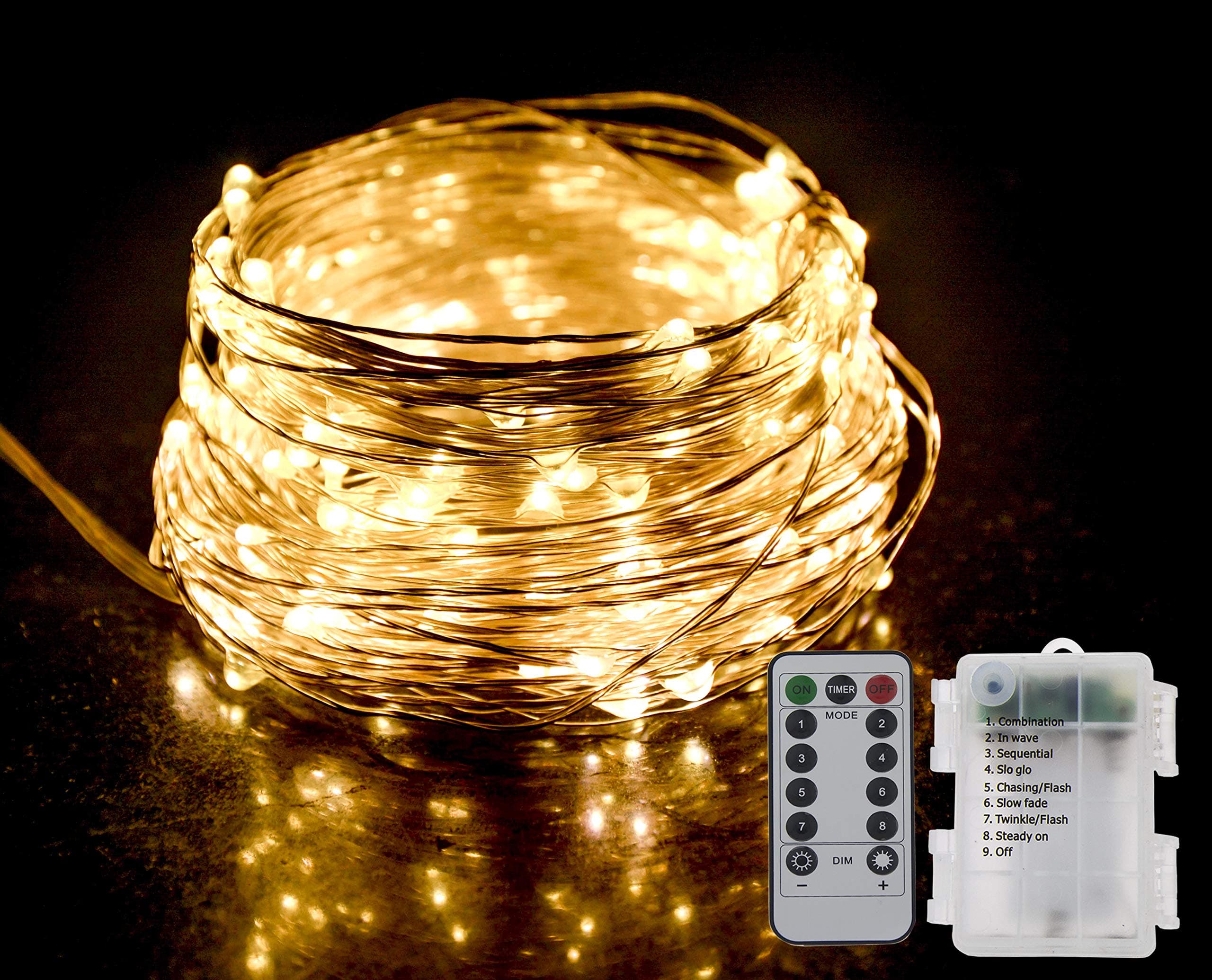 GHJ LED Battery Operated Remote Control Rainproof Silver Wire String Fairy Lights Indoor/Outdoor for Christmas Tree Xmas Garden Party (50LEDs, Warm White)
