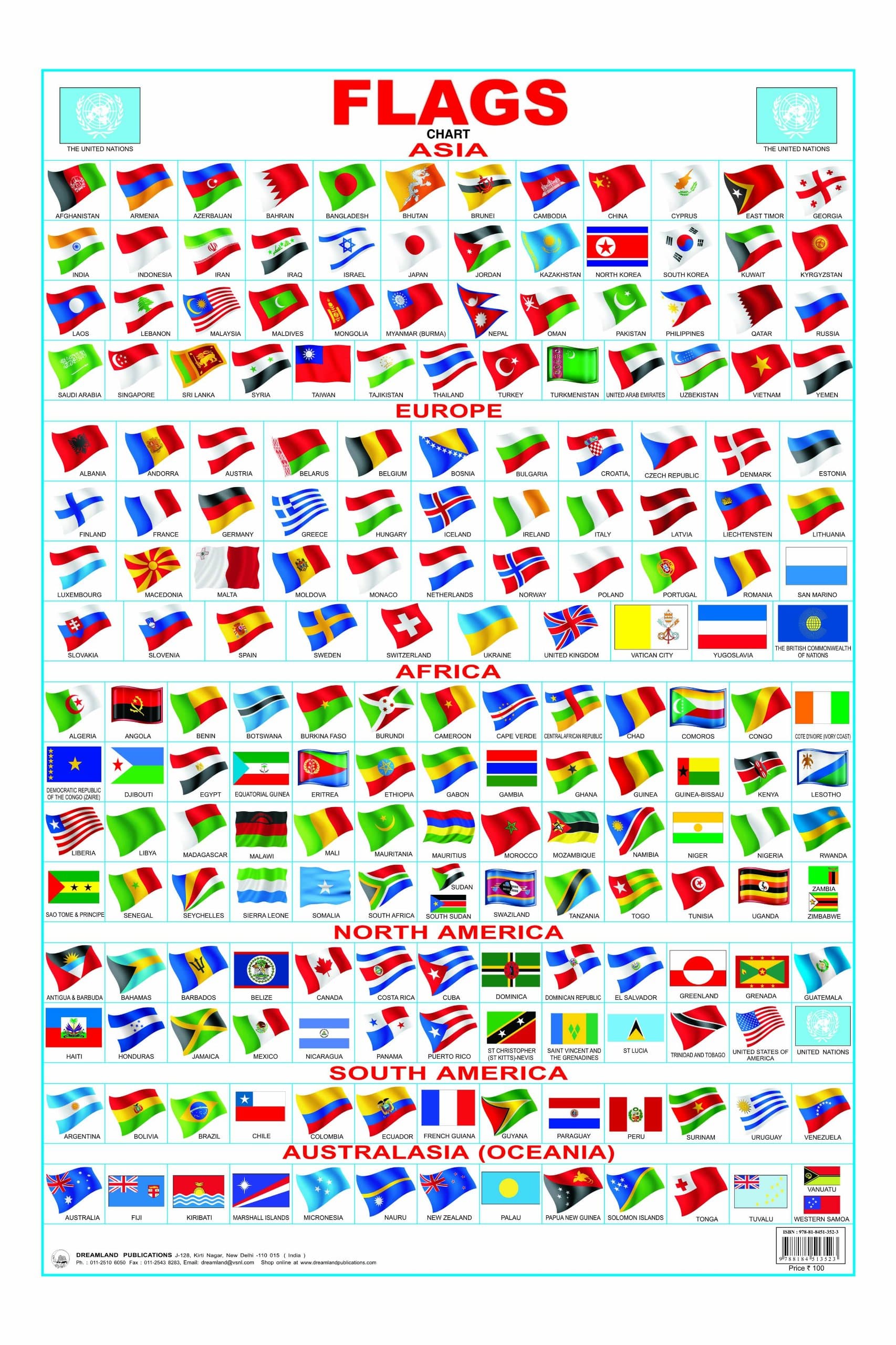 Flag Chart Educational Wall Chart For Kids – Double-Sided Hard Laminated Poster with Colourful Flags of All Countries, Learn Country Names & Flags, ... School, Classroom & Home Learning, 48x73 cm