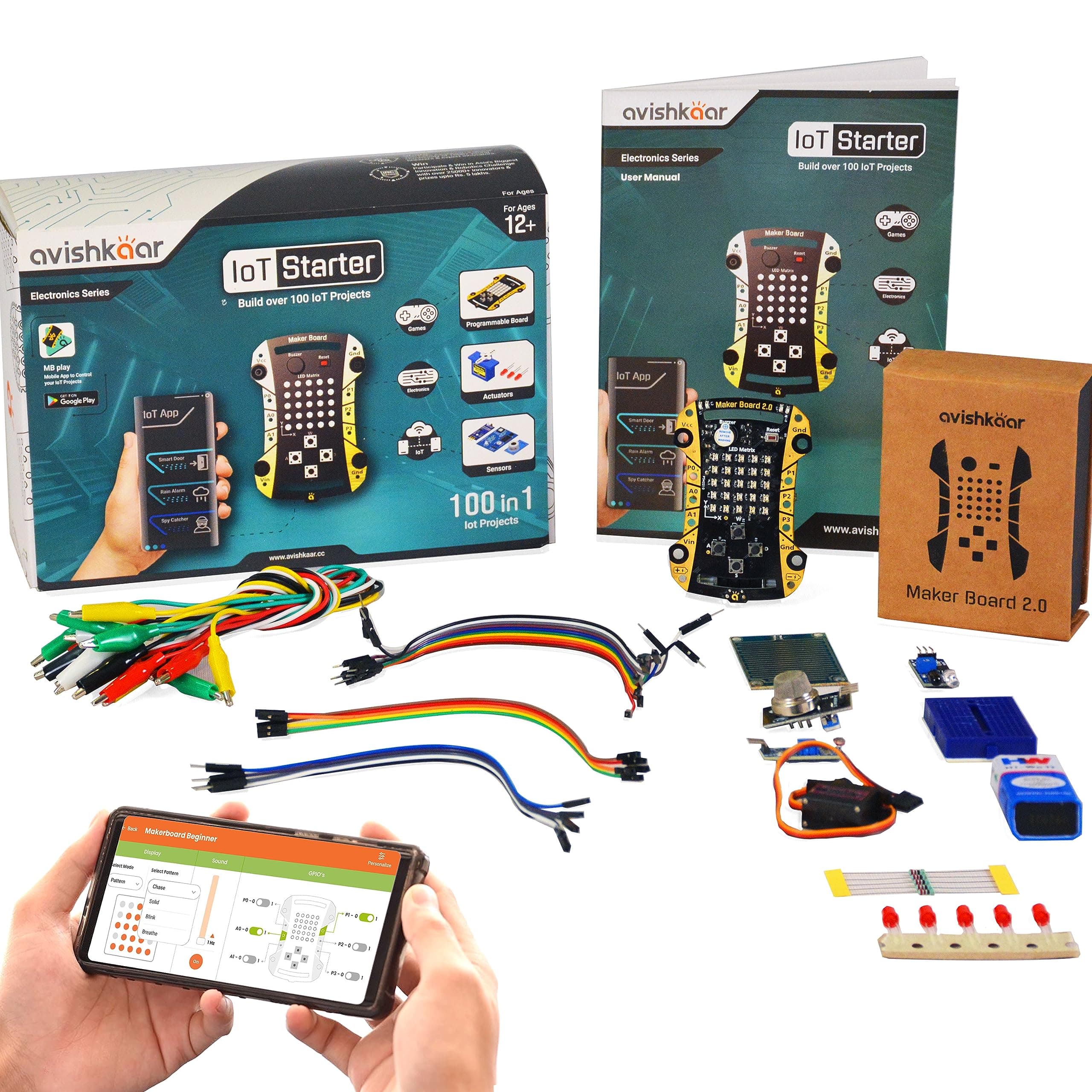 Avishkaar IoT Starter Kit, 100-in-1 DIY Programmable Electronics for Kids 10-14, Control With Mobile App & Desktop Software, 40+ Parts, Learning & Educational STEM