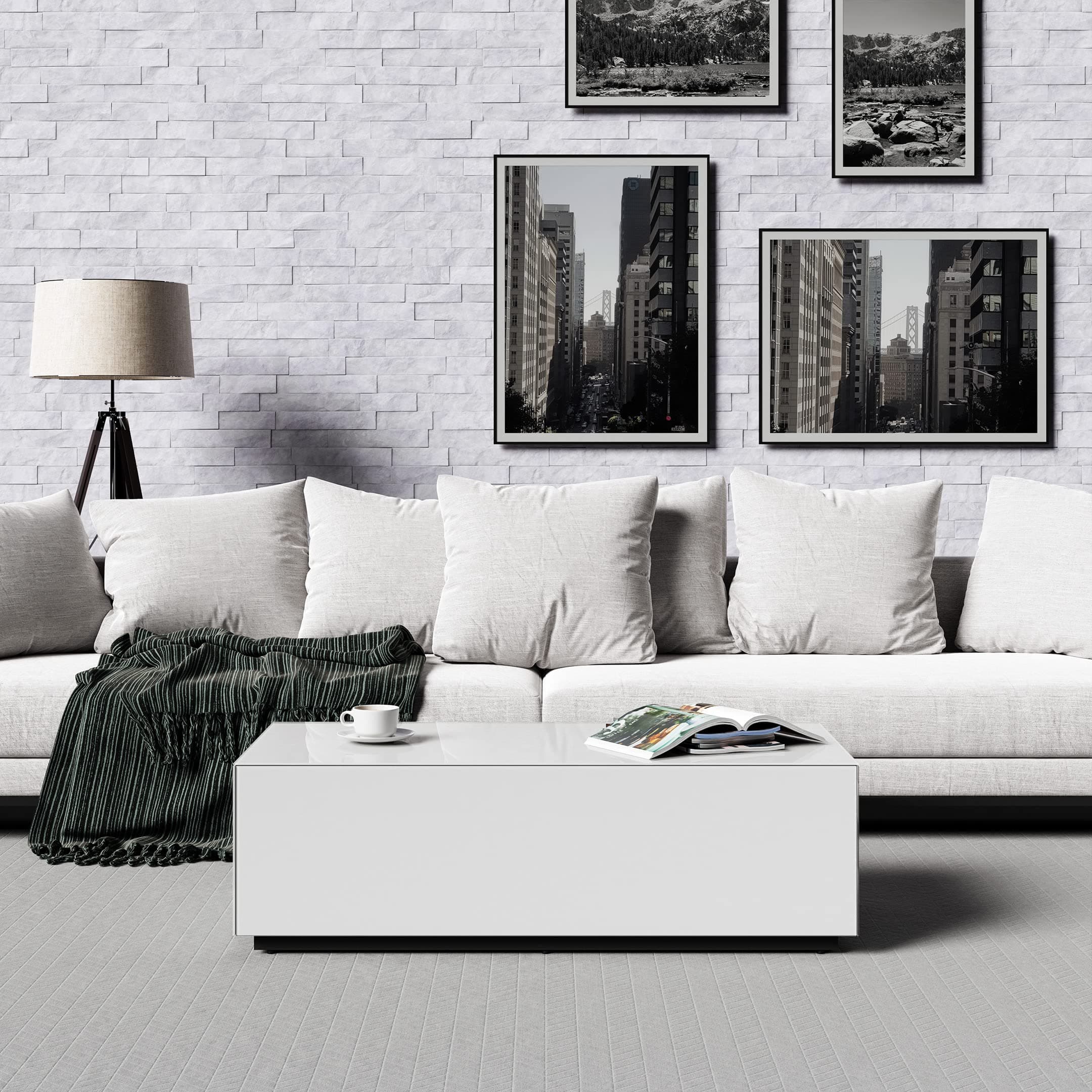 SONOROUS Premium Tempered Glass Coffee Table - Modern White Rectangular Coffee Tables for Living Room - High Gloss Fingerprint Resistant Mid Century Design - Stylish Living Room Furniture & Décor